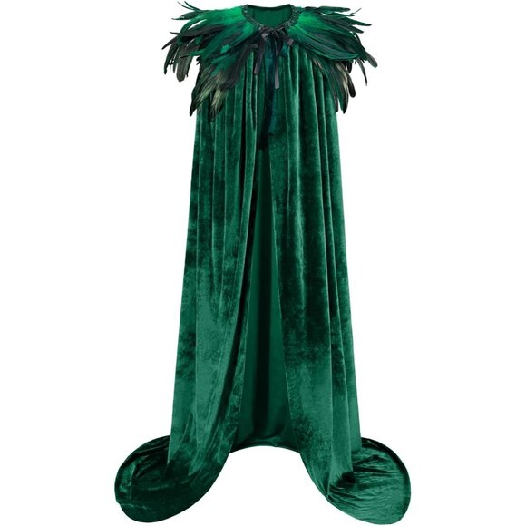 Women Feather Collar Velvet Cloak Vampire Cape Witch Queen Cosplay Costume - Picture 6 of 7